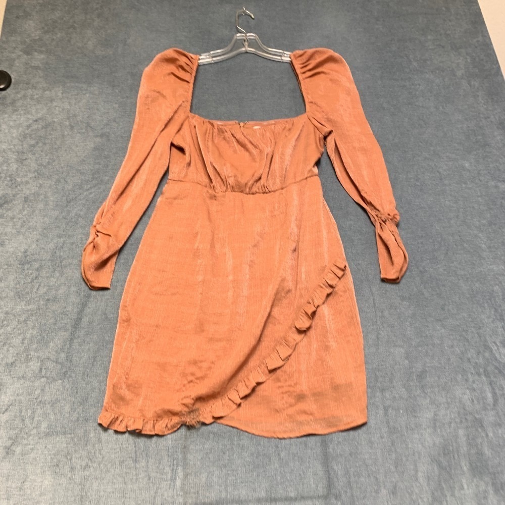 Astr The Label Mini Dress Womens M Peach Puff Sleeve Ruffle Zipper Square Neck